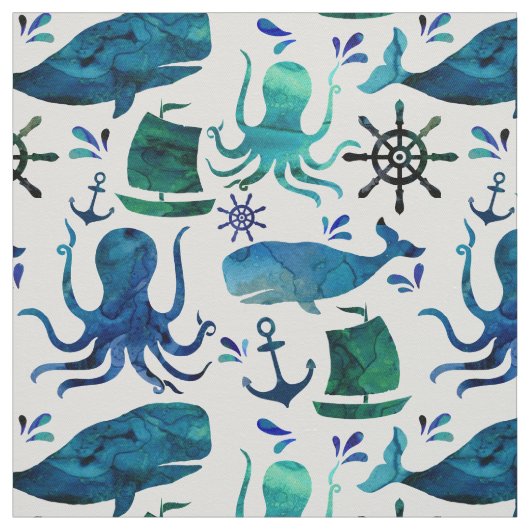 Nautical Blue Waterverf Octopus Shark Stof (Swatch)