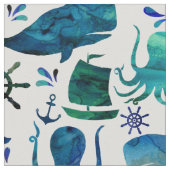 Nautical Blue Waterverf Octopus Shark Stof (Close Up)