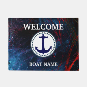Nautical Blue Welcome Boat Name Stripe personalise Deurmat