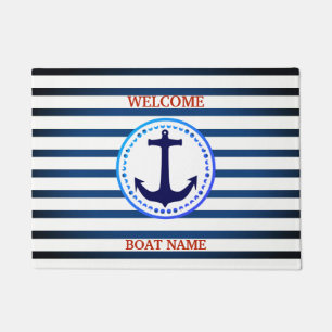 Nautical Blue Welcome Boat Name Stripe personalise Deurmat