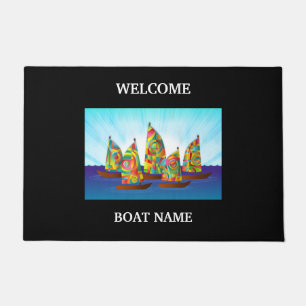 Nautical Blue Welcome Boat Name Stripe personalise Deurmat