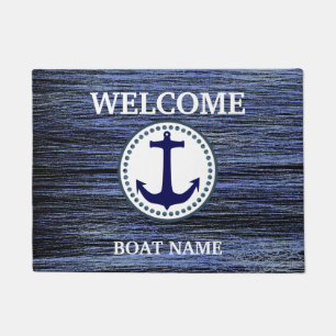 Nautical Blue Welcome Boat Name Stripe personalise Deurmat