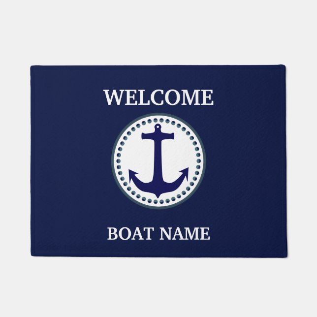 Nautical Blue Welcome Boat Name Stripe personalise Deurmat (Voorkant)