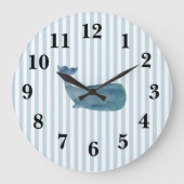 Nautical Blue Whale Stripe Preppy Large Clock Grote Klok (Voorkant)
