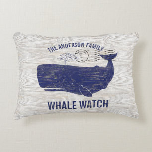 Nautical Blue Whale Watch Coastal Familienaam Accent Kussen