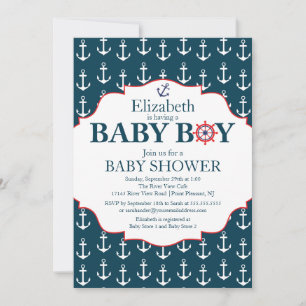 Nautical Blue & White Anchors Boys Baby shower Kaart