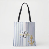 Nautical Blue White Streep MONOGRAM Tassen Tas (Voorkant)