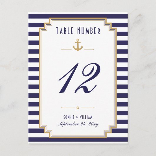 Nautical Blue White Striped Table Number Kaart (Voorkant)