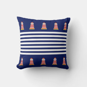 Nautical Blue & Witte Strepen op Navy Blue Worpill Kussen