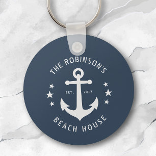 Nautical boat Anchor Familienaam Beach House Blue Sleutelhanger