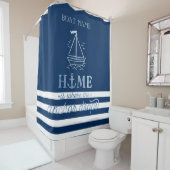 Nautical Boat Anker Navy Blue Gestreept Douchegordijn (In situ)
