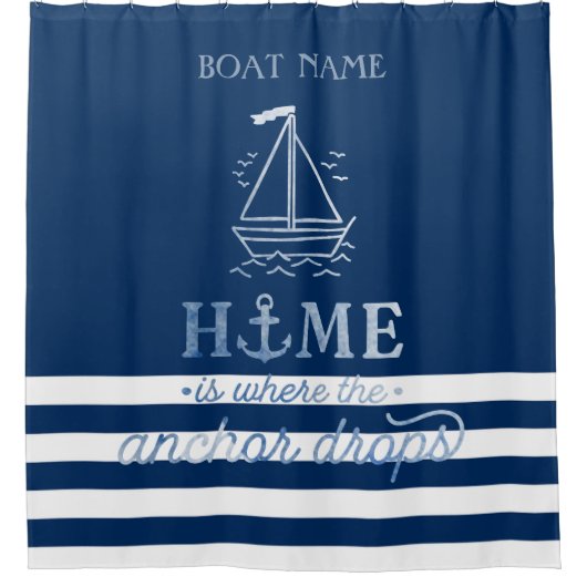 Nautical Boat Anker Navy Blue Gestreept Douchegordijn (Voorkant)