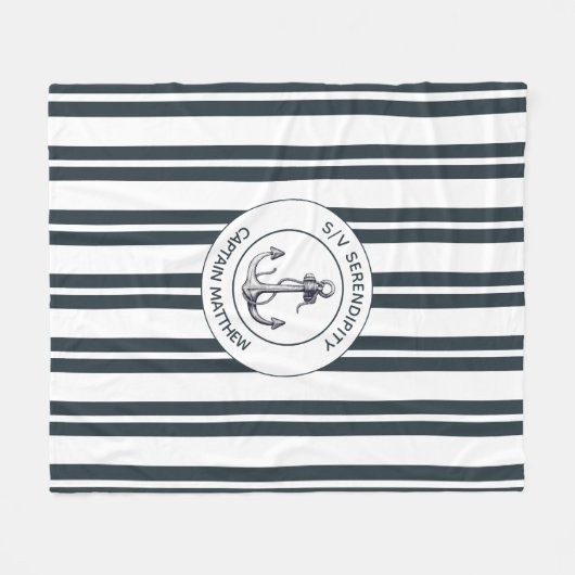 Nautical Boat Captain Name Anchor Blue White Fleece Deken (Voorkant (Horizontaal))