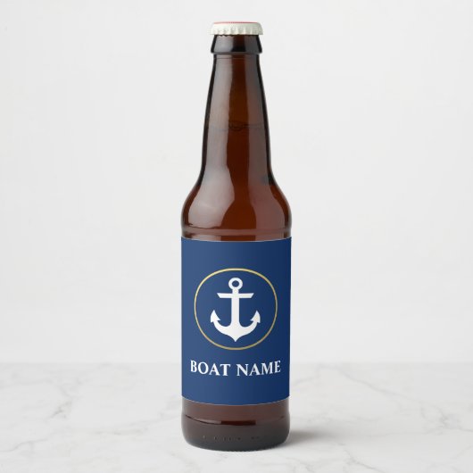 Nautical Boat Name Anchor Blue Gold Bier Etiket (Voorkant)