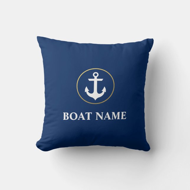 Nautical Boat Name Anchor Blue Gold Kussen (Voorkant)