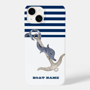 Nautical Boat Name,Anchor Dolphin Navy Blue Stripe Case-Mate iPhone 14 Hoesje