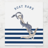 Nautical Boat Name,Anchor Dolphin Navy Blue Wijn Etiket (Enkel label)