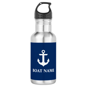 Nautical Boat Name Anchor Navy Blue Stnls Waterfles