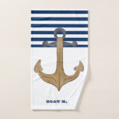 Nautical Boat Name, Anchor Navy Blue Stripe Bad Handdoek (Handdoek)