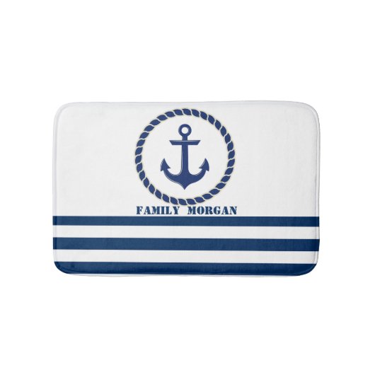 Nautical Boat Name,Anchor Navy Blue Striped Badmat (Voorkant)