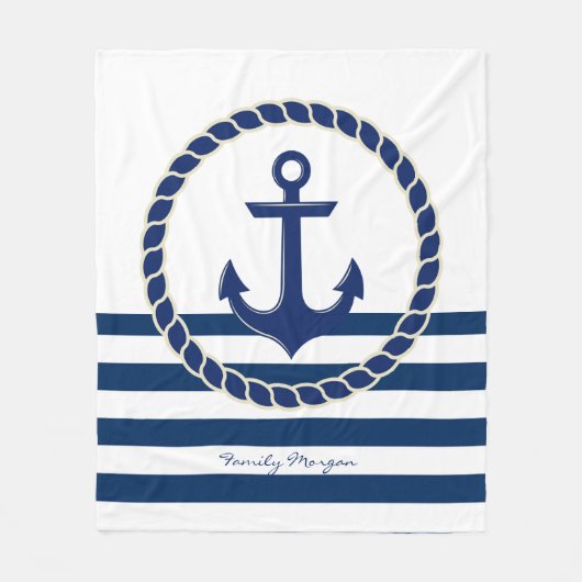 Nautical Boat Name,Anchor Navy Blue Striped Fleece Deken (Voorkant)