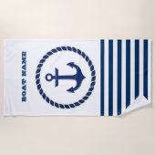 Nautical Boat Name,Anchor Navy Blue Striped Strandlaken (Voorkant)
