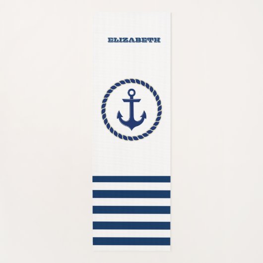 Nautical Boat Name,Anchor Navy Blue Striped Yogamat (Voorkant)