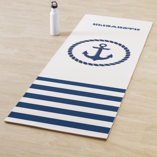 Nautical Boat Name,Anchor Navy Blue Striped Yogamat (In situ)