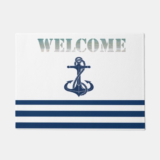 Nautical Boat Name,Anchor Navy Blue Stripes Deurmat (Voorkant)
