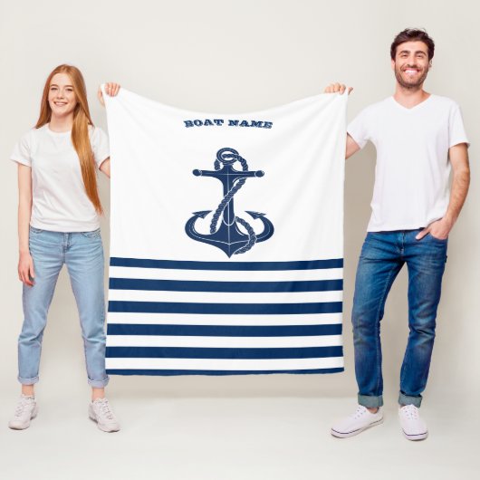 Nautical Boat Name,Anchor Navy Blue Stripes Fleece Deken (In situ)