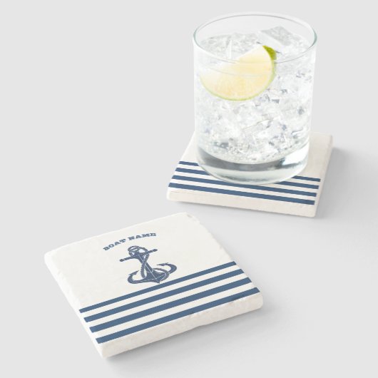 Nautical Boat Name,Anchor Navy Blue Stripes Stenen Onderzetter (Zijkant)