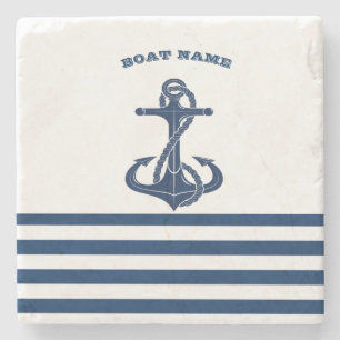 Nautical Boat Name,Anchor Navy Blue Stripes Stenen Onderzetter