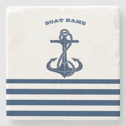 Nautical Boat Name,Anchor Navy Blue Stripes Stenen Onderzetter (Voorkant)