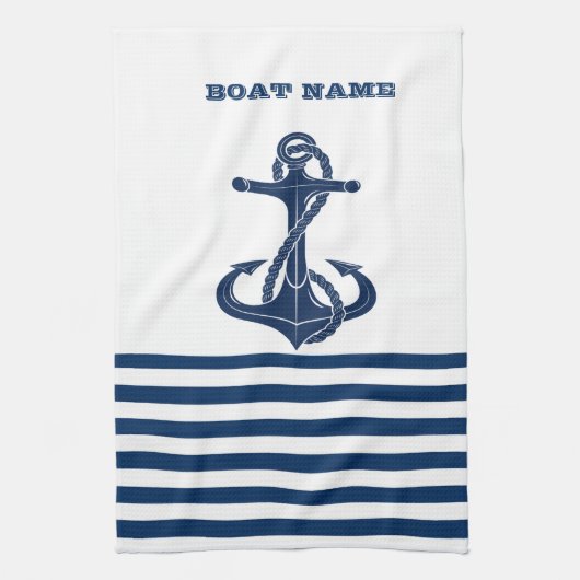 Nautical Boat Name,Anchor Navy Blue Stripes Theedoek (Verticaal)