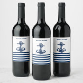 Nautical Boat Name,Anchor Navy Blue Stripes Wijn Etiket (Flessen)
