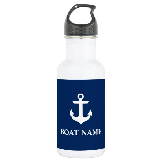 Nautical Boat Name Anchor Navy Blue Waterfles (Voorkant)
