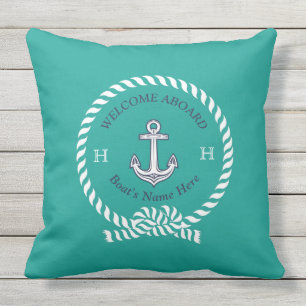 Nautical Boat Name Anchor Rope Blauwgroen Blue Wel Buitenkussen