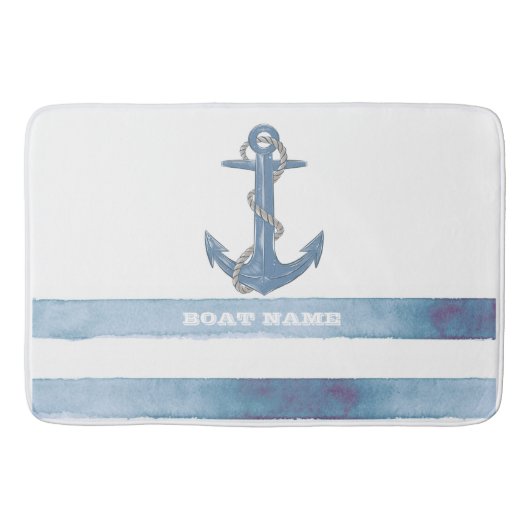 Nautical Boat Name,Anchor,Rope,Light Blue Stripes Badmat (Voorkant)