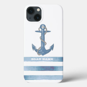 Nautical Boat Name,Anchor,Rope,Light Blue Stripes iPhone 13 Hoesje