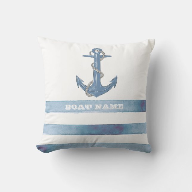 Nautical Boat Name,Anchor,Rope,Light Blue Stripes Kussen (Voorkant)