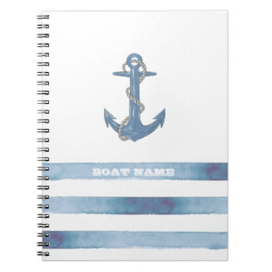 Nautical Boat Name,Anchor,Rope,Light Blue Stripes Notitieboek
