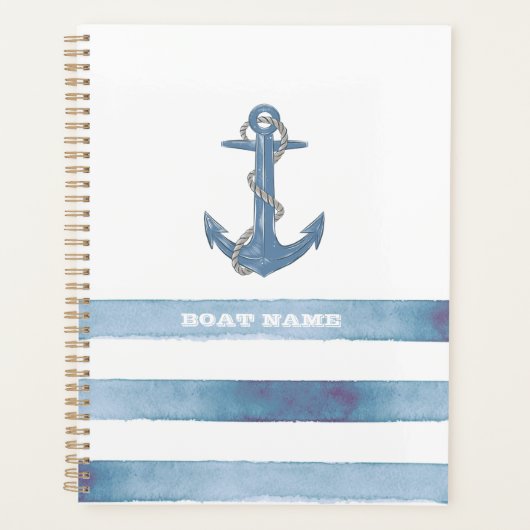 Nautical Boat Name,Anchor,Rope,Light Blue Stripes Planner (Voorkant)