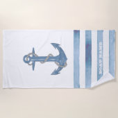 Nautical Boat Name,Anchor,Rope,Light Blue Stripes Strandlaken (Voorkant)
