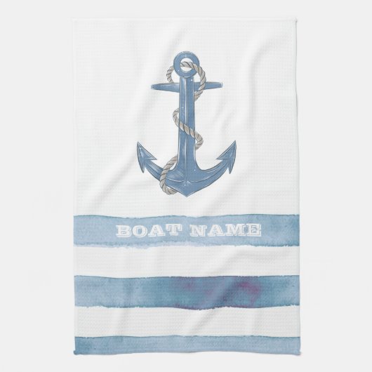 Nautical Boat Name,Anchor,Rope,Light Blue Stripes Theedoek (Verticaal)