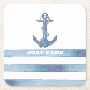 Nautical Boat Name,Anchor,Rope,Light Blue Stripes Vierkante Kartonnen Onderzetter