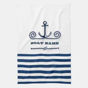 Nautical Boat Name,Anchor,Rope, Navy Blue Stripes Theedoek