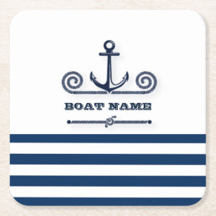 Nautical Boat Name,Anchor,Rope, Navy Blue Stripes Vierkante Kartonnen Onderzetter