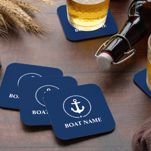 Nautical Boat Name Anchor Rope Navy Blue Vierkante Kartonnen Onderzetter