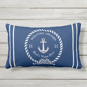 Nautical Boat Name Anchor Rope Navy Blue Welkom Buitenkussen