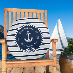 Nautical Boat Name Anchor Rope Navy Blue Welkom Rond Kussen